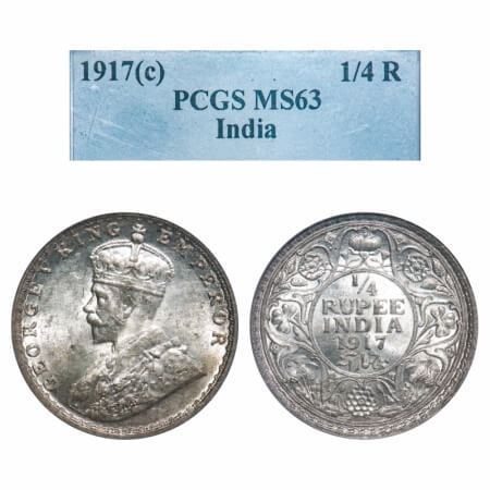 George V, Silver, 1/4 Rupee, 1917, Calcutta Mint, No dot. F. Prid 446. GK 1090. PCGS Slabb