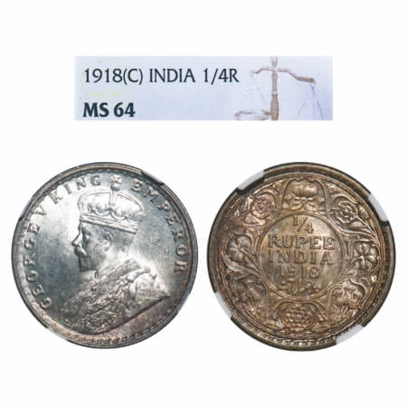 George V, Silver, 1/4 Rupee, 1918, Calcutta Mint, No dot. F. Prid 447. GK 1091. NGC Slabbe