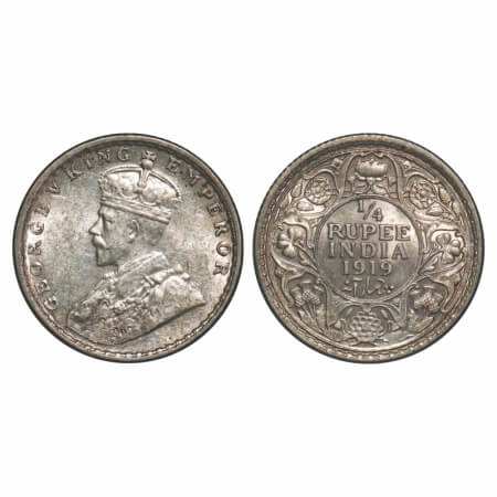 George V, Silver, 1/4 Rupee, 1919, Calcutta Mint, No dot. F. Prid 448. GK 1092. Uncirculat