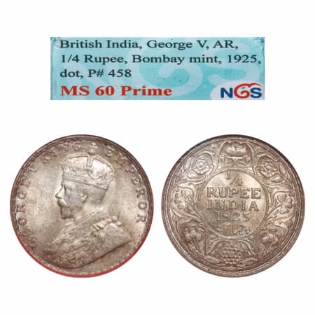 George V, Silver, 1/4 Rupee, 1925, Bombay Mint, Dot. F. Prid 458. GK 1093. NGS Slabbed MS 