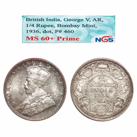 George V, Silver, 1/4 Rupee, 1926, Bombay Mint, Dot. F. Prid 460. GK 1094. NGS Slabbed MS 