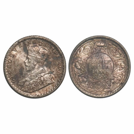 George V, Silver, 1/4 Rupee, 1930, Calcutta Mint, No dot. F. Prid 451. GK 1097. Uncirculat