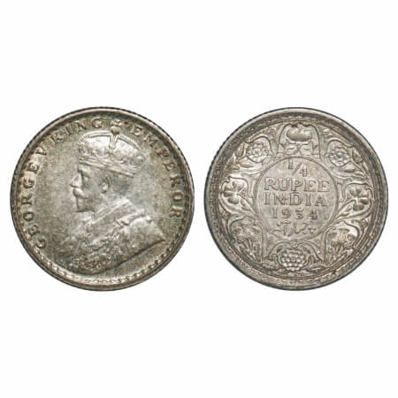 George V, Silver, 1/4 Rupee, 1934, Calcutta Mint, No dot. F. Prid 452. GK 1098. Extremely 