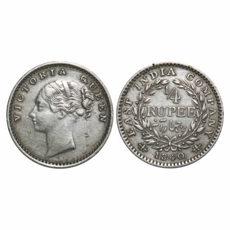 Victoria Queen, Silver, 1/4 Rupee, 1840, CL, Madras Mint, A(a)/I, 'S' incused, Inverted S,