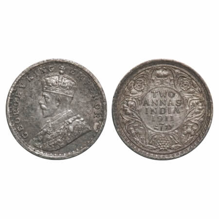 George V, Silver, 2 annas, 1911, Calcutta Mint, No dot, Pig-Type. F. Prid 564. GK 1107. Ex