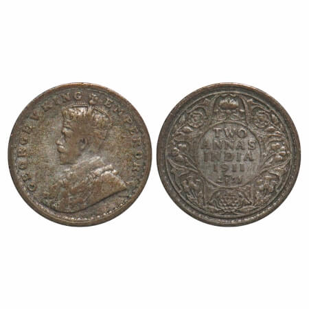 George V, Silver, 2 Annas 1911, Calcutta Mint, No dot, Pig-Type. F. Prid 564. GK 1107. Ver