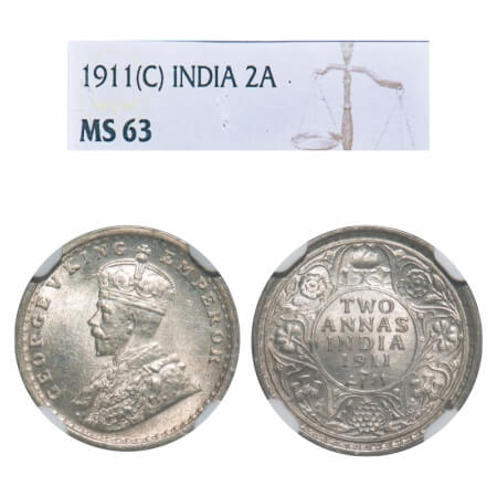 George V, Silver, 2 Annas, 1911, Calcutta Mint, No dot, Pig-Type. F. Prid 564. GK 1107. NG