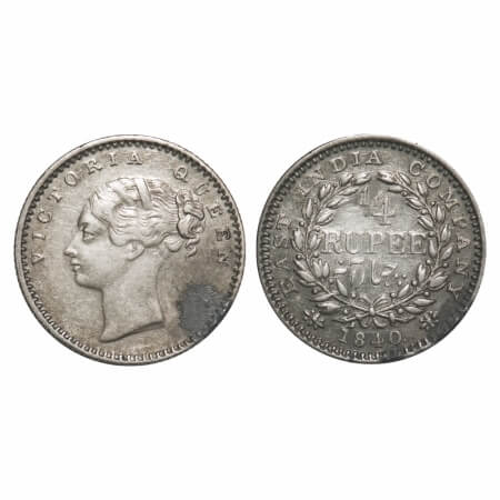 Victoria Queen, Silver, 1/4 Rupee, 1840, CL, Bombay Mint, A(b)/I, English Head, Wreath wit