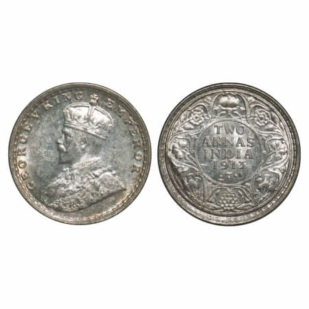 George V, Silver, 2 Annas, 1913, Bombay Mint, Dot. F. Prid 573. GK 1111. Mint State with l