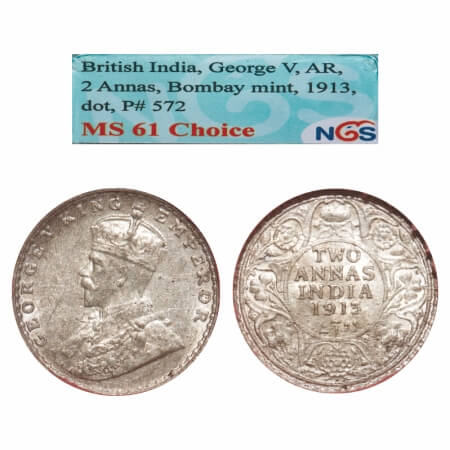 George V, Silver, 2 Annas, 1913, Bombay Mint, Dot. F. Prid 572. GK 1111. NGS Slabbed MS 61