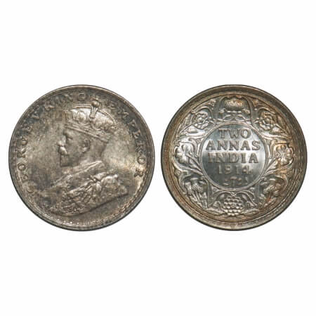 George V, Silver, 2 Annas, 1914, Bombay Mint, Dot, Die crack on Rev. F. Prid 573. GK 1113.