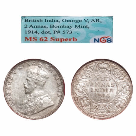 George V, Silver, 2 Annas, 1914, Bombay Mint, Dot. F. Prid 573. GK 1113. NGS Slabbed MS 62