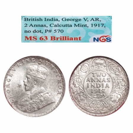 George V, Silver, 2 Annas, 1917, Calcutta Mint, No dot. F. Prid 570. GK 1117. NGS Slabbed 