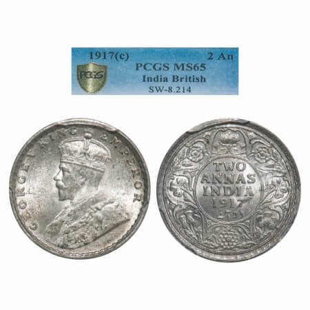 George V, Silver, 2 Annas, 1917, Calcutta Mint, No dot. F. Prid 570. GK 1117. NGC Slabbed 