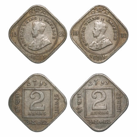 George V, Copper-Nickel, 2 Annas, (2 coins), 1928, 1933, Calcutta Mint, No dot. F. Prid 88