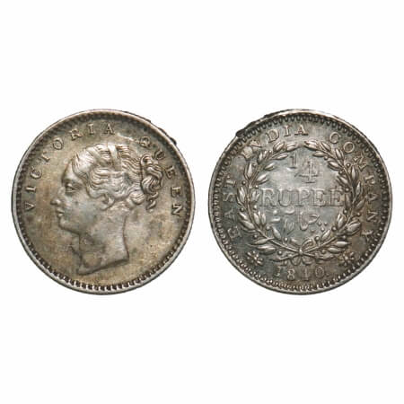 Victoria Queen, Silver, 1/4 Rupee, 1840, CL, Bombay Mint, A(b)/I, English Head, Wreath wit