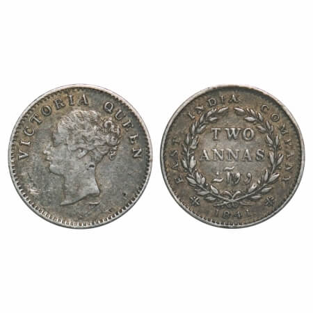 Victoria Queen, Silver, 2 Annas, 1841, CL, Calcutta Mint, A(a)/I, Wreath with 16 Berries (