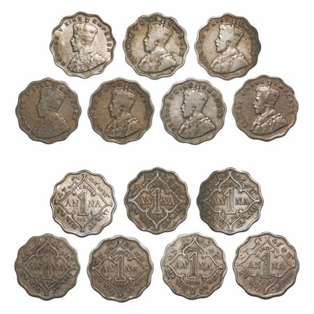 George V, Copper-Nickel, 1 Anna, (lot of 7 coins), 1 & 2) 1924, 1925, Calcutta Mint, No do