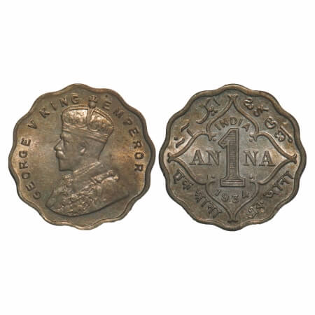 George V, Copper-Nickel, 1 Annas, 1934, Calcutta Mint, No dot, Ghost on Rev. F. Prid 938. 