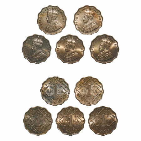 George V, Copper-Nickel, 1 Anna, (Lot of 5 coins), 1) 1934, Calcutta Mint, No dot, 2) 1935