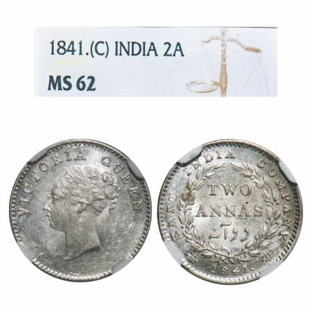 Victoria Queen, Silver, 2 Annas, 1841, CL, Calcutta Mint, A(a)/I, Plain edge, Wreath with 