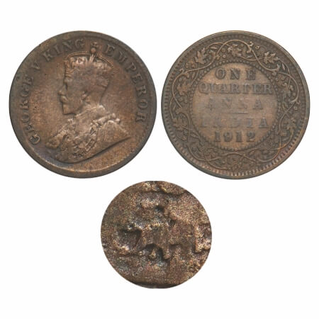George V, Bronze, Quarter Anna, 1912, Calcutta Mint, No dot, Normally the jabot has Elepha