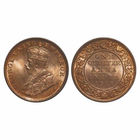 George V, Bronze, Quarter Anna, 1914, Calcutta Mint, No dot, Ghost on Rev. F. Prid 660. GK