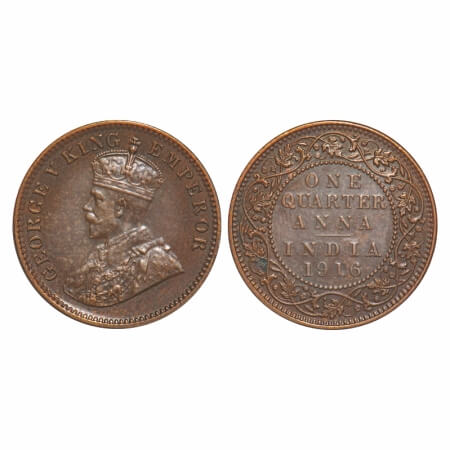 George V, Bronze, Quarter Anna, 1916, Calcutta Mint, No dot. F. Prid 661. GK 1175. Extreme