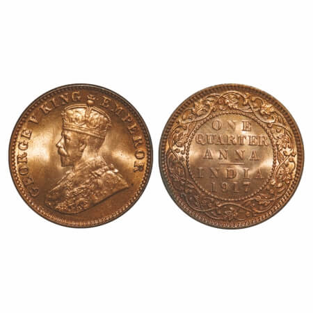 George V, Bronze, Quarter Anna, 1917, Calcutta Mint, No dot. F. Prid 662. GK 1176. Mint St