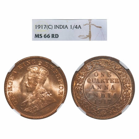 George V, Bronze, Quarter Anna, 1917, Calcutta Mint, No dot. F. Prid 662. GK 1176. NGC Sla