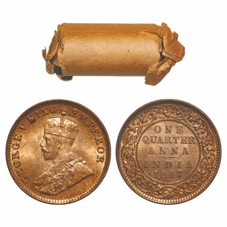 George V, Bronze, Quarter Anna, (Roll of 32 coins), 1917, Calcutta Mint, No dot, Single mi