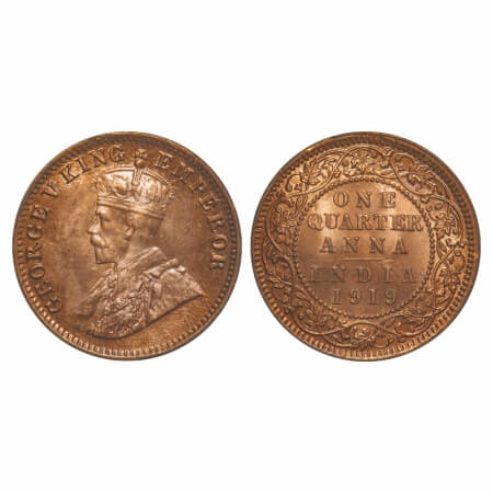 George V, Bronze, Quarter Anna, 1919, Calcutta Mint, No dot, Ghost on Rev. F. Prid 664. GK