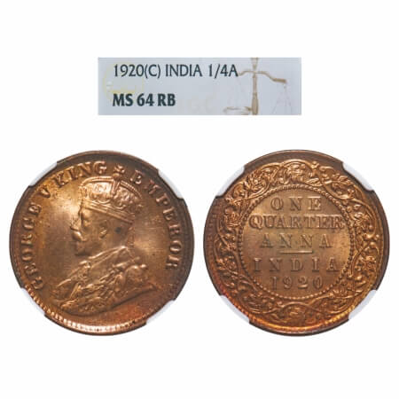 George V, Bronze, Quarter Anna, 1920, Calcutta Mint, No dot. F. Prid 665. GK 1179. NGC Sla