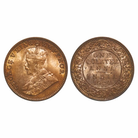 George V, Bronze, Quarter Anna, 1924, Bombay Mint, Dot. F. Prid 677. GK 1180. Brilliant Un