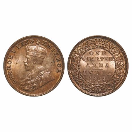 George V, Bronze, Quarter Anna, 1924, Bombay Mint, Dot. F. Prid 677. GK 1180. Brilliant Un
