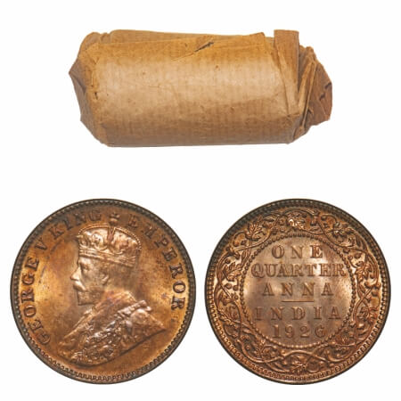 George V, Bronze, Quarter Anna, (Roll of 32 coin) 1926, Calcutta Mint, No dot. 32 coins in