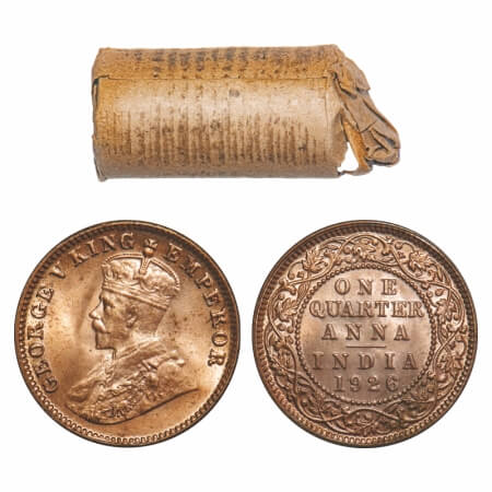 George V, Bronze, Quarter Anna, 1926, (Roll of 32 coins), Calcutta Mint, No dot, 32 coins 