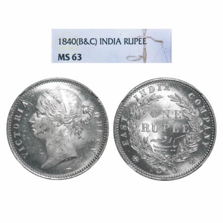 Victoria Queen, Silver, Rupee, 1840, DL, Calcutta Mint, W.W. raised, Wreath with 28 Berrie