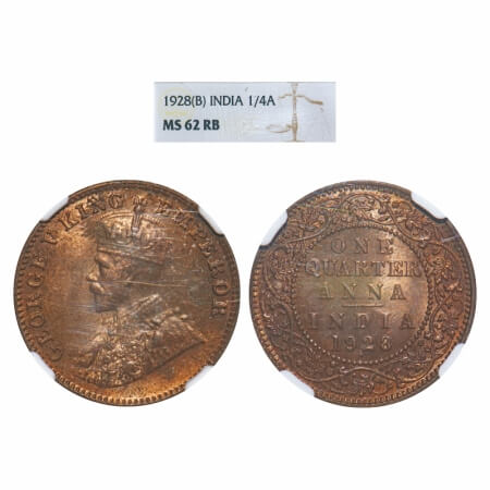 George V, Bronze, Quarter Anna, 1928, Bombay Mint, Dot. F. Prid 681. GK 1187. NGC Slabbed