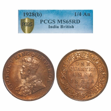 George V, Bronze, Quarter Anna, 1928, Bombay Mint, Dot. F. Prid 681. GK 1187. PCGS Slabbed
