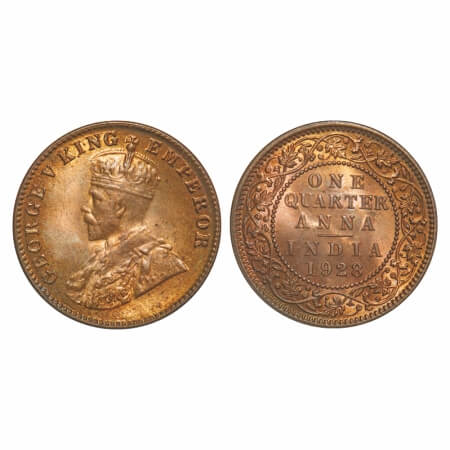 George V, Bronze, Quarter Anna, 1928, Calcutta Mint, No dot. F. Prid 669. GK 1188. Mint St
