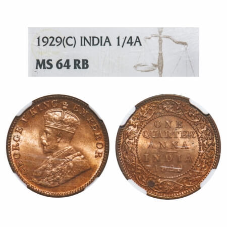 George V, Bronze, Quarter Anna, 1929, Calcutta Mint, No dot. F. Prid 670. GK 1189. NGC Sla