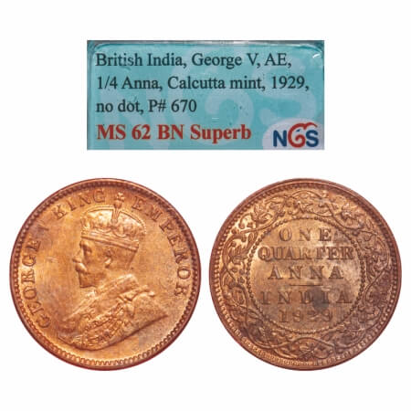 George V, Bronze, Quarter Anna, 1929, Calcutta Mint, No dot. F. Prid 670. GK 1189. NGS Sla