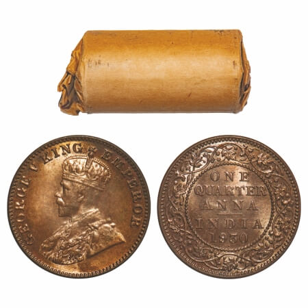 George V, Bronze, Quarter Anna, 1930, (Roll of 32 coins), Bombay Mint, Dot, 32 coins in Im