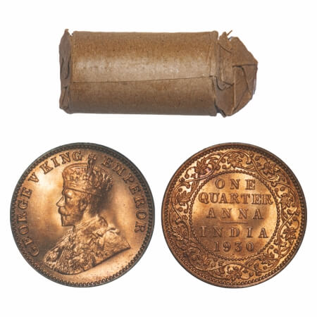 George V, Bronze, Quarter Anna, 1930, (Roll of 32 coins), Bombay Mint, Dot, Variety, Small
