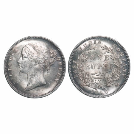 Victoria Queen, Silver, Rupee, 1840, DL, Calcutta Mint, W.W. raised, Wreath with 28 Berrie