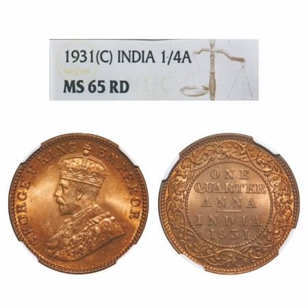 George V, Bronze, Quarter Anna, 1931, Calcutta Mint, No dot. F. Prid 672. GK 1192. NGC Sla
