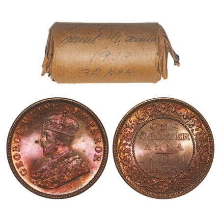 George V, Bronze, Quarter Anna, 1933, (Roll of 32 coins), Calcutta Mint, No dot, 32 coins 