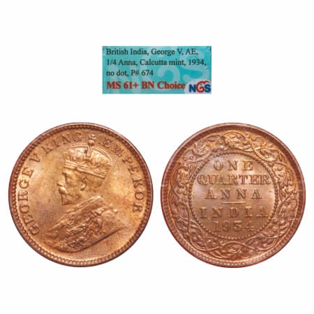 George V, Bronze, Quarter Anna, 1934, Calcutta Mint, No dot. F. Prid 674. GK 1194. NGS Sla
