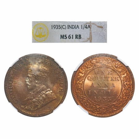 George V, Bronze, Quarter Anna, 1935, Calcutta Mint, No dot. F. Prid 675. GK 1195. NGC Sla